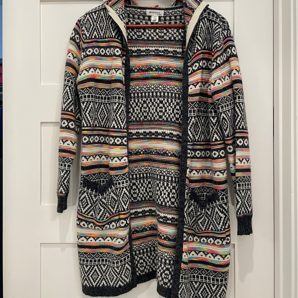 Monteau Multicolor Patterned Hooded Cardigan - image 1